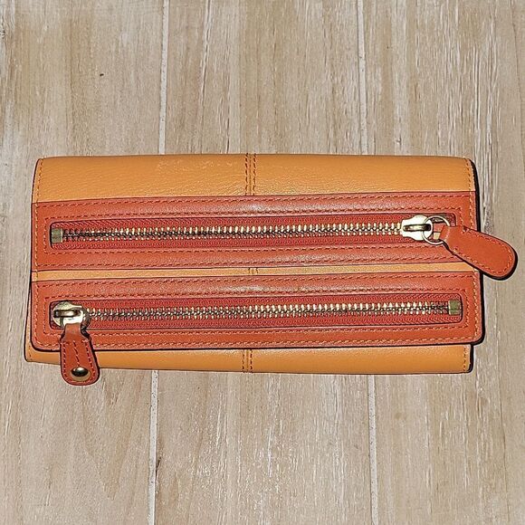 Coach Leather Double Zip Flap Wallet Orange - Picture 1 of 14